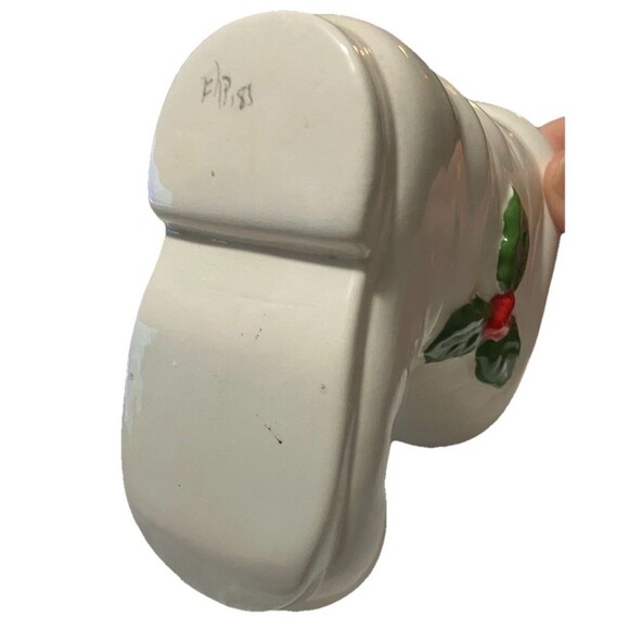 VNTG Ceramic Santa Boot Planter Holly Cream Green 4” Vintage Christmas Planter - Picture 5 of 13